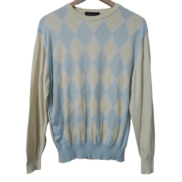 Toscano Cream Blue‎ Argyle Sweater Lightweight Pullover Academia Preppy - Picture 1 of 9